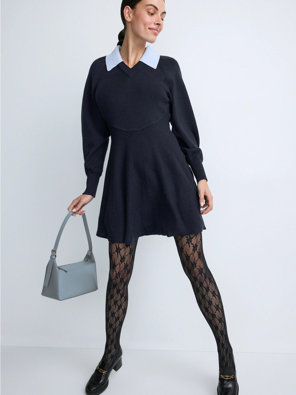 Rebecca Taylor Black Mini Dress with Light Blue Collar